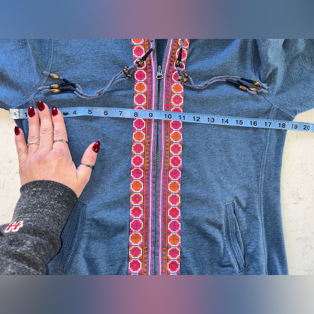 Lucky Brand Blue Zip Hoodie with Pink & Orange Embroidered Trim & Beaded String - Picture 9 of 16